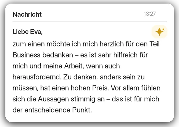 Screenshot einer Rückmeldung zu GENESIS: anders sein im Business und der Preis dafür.
