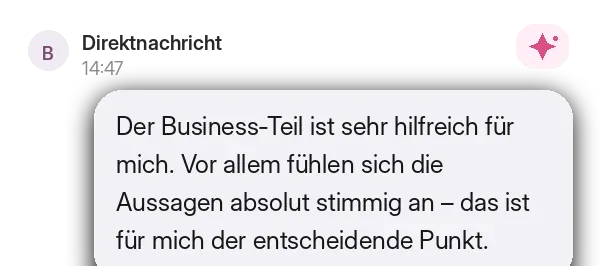 Screenshot einer Rückmeldung zu GENESIS: stimmige Aussagen zum eigenen Business.