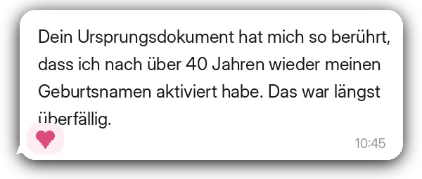 Screenshot einer Rückmeldung zu GENESIS zum Ursprungsdokument und Geburtsnamen.